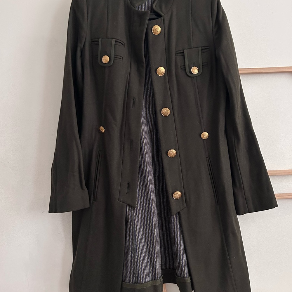 Blue LesCopains pea coat with gold buttons